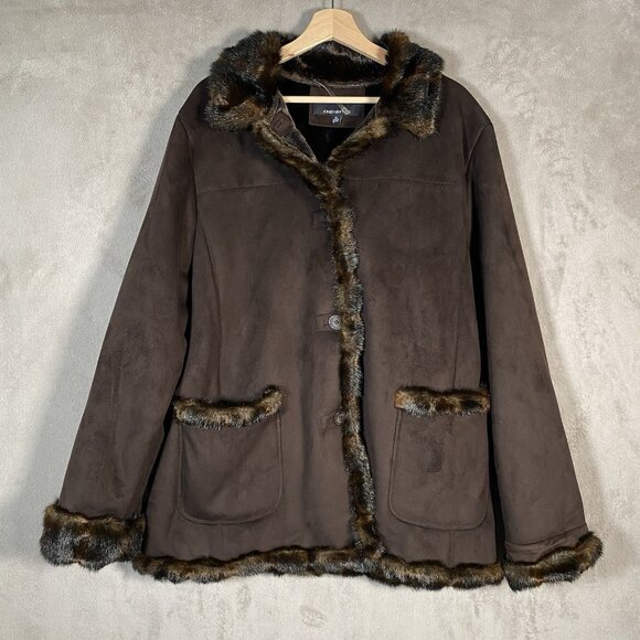 Jones NY Winter Coat Women's XL Faux Suede Fur Trim Jacket Brown Cozy Cabin - Picture 2 of 16